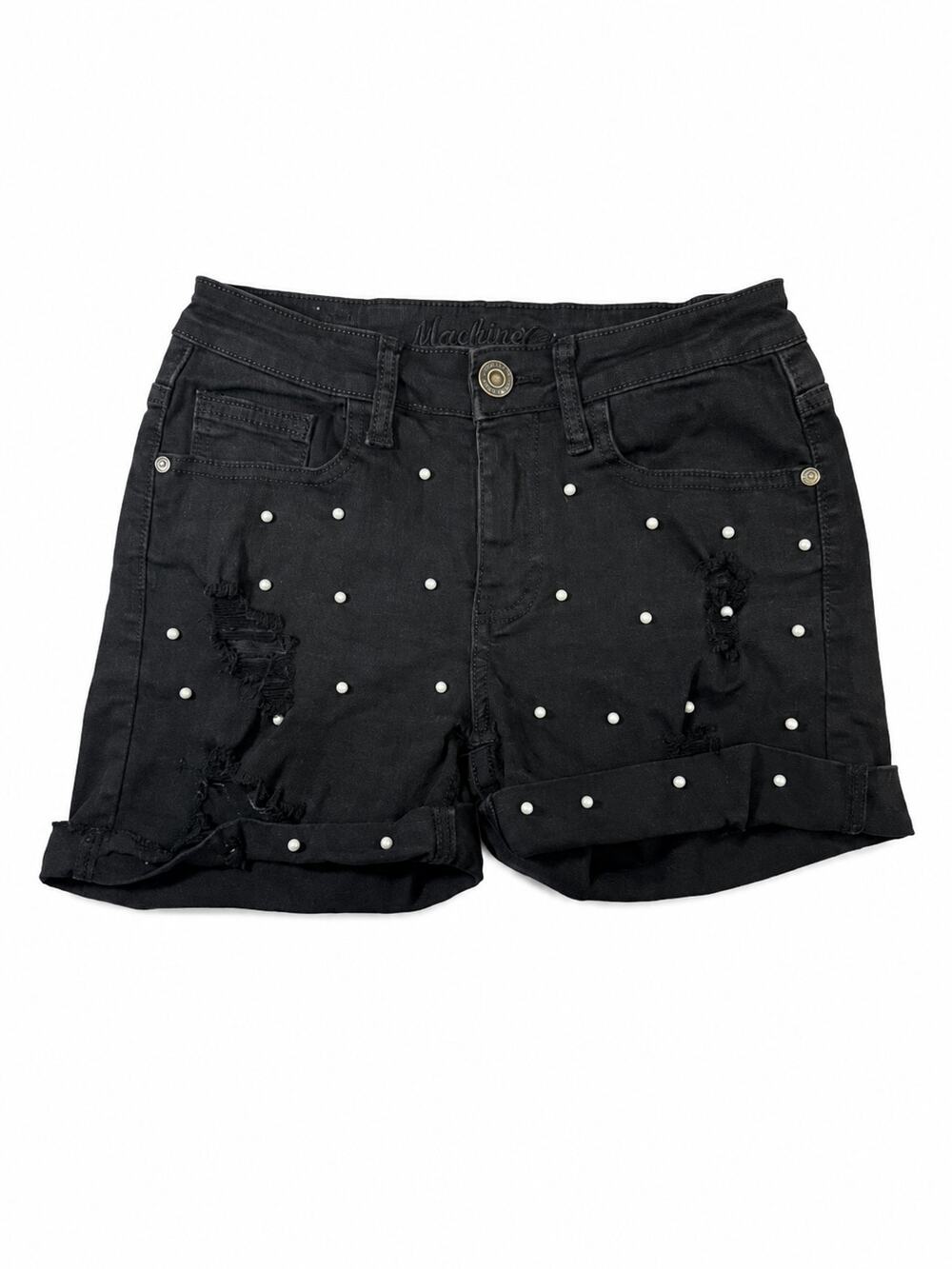 Machine Nouvelle Mode Womens 26 Black Pearl Stud Distressed Denim Shorts Y2K